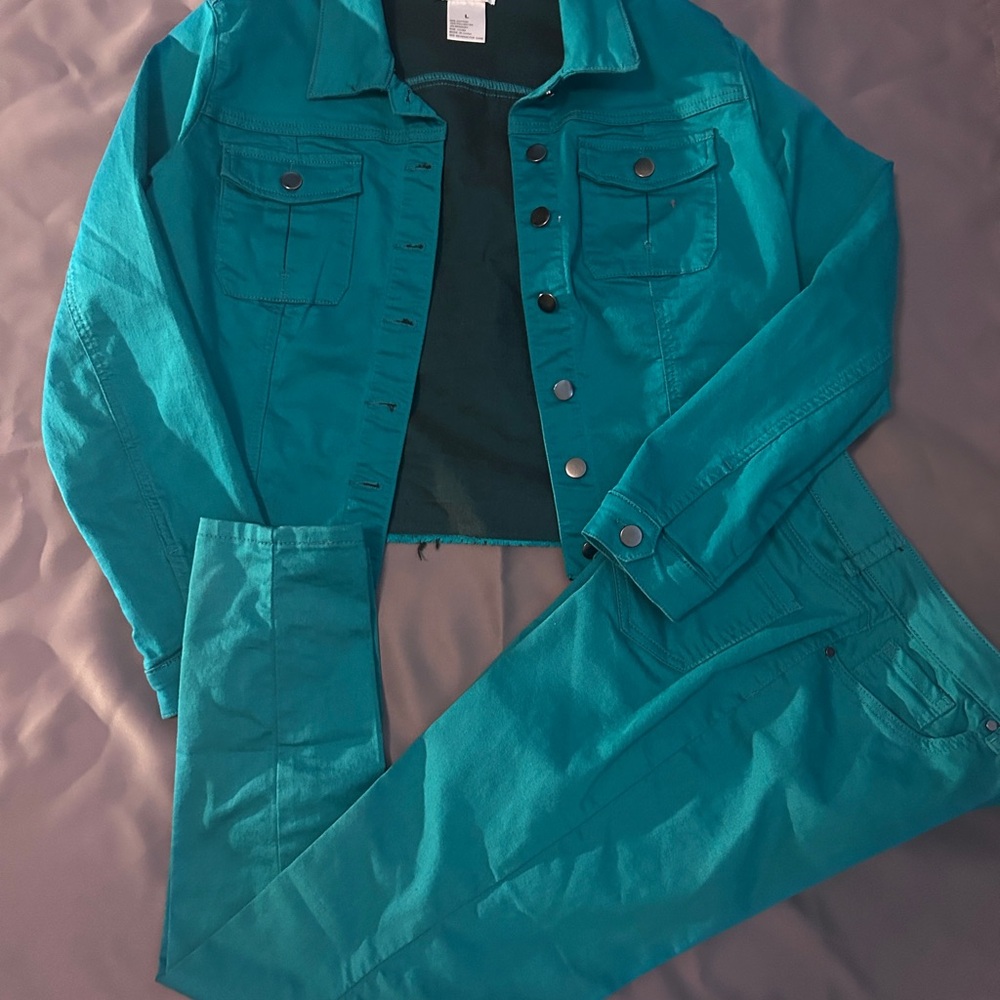 Teal Denim Jacket and Pants Set